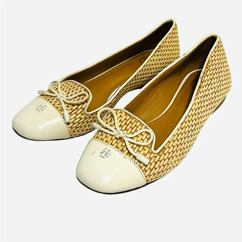 Tory Burch Flat Shoes Raffia Wedge Catherine Cap Toe Bone Women's Size 5M